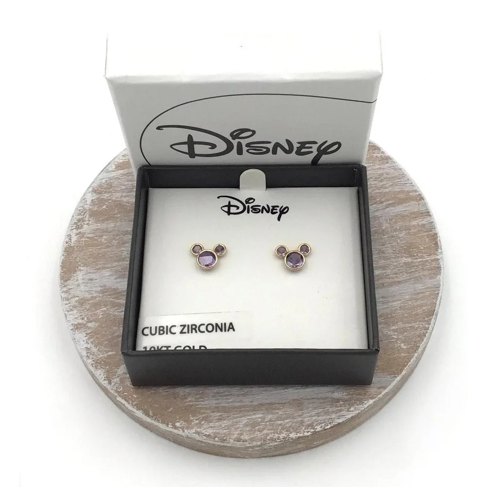 Disney Mickey Mouse Earrings 10kt Gold Purple Cubic Zirconia February Birthstone